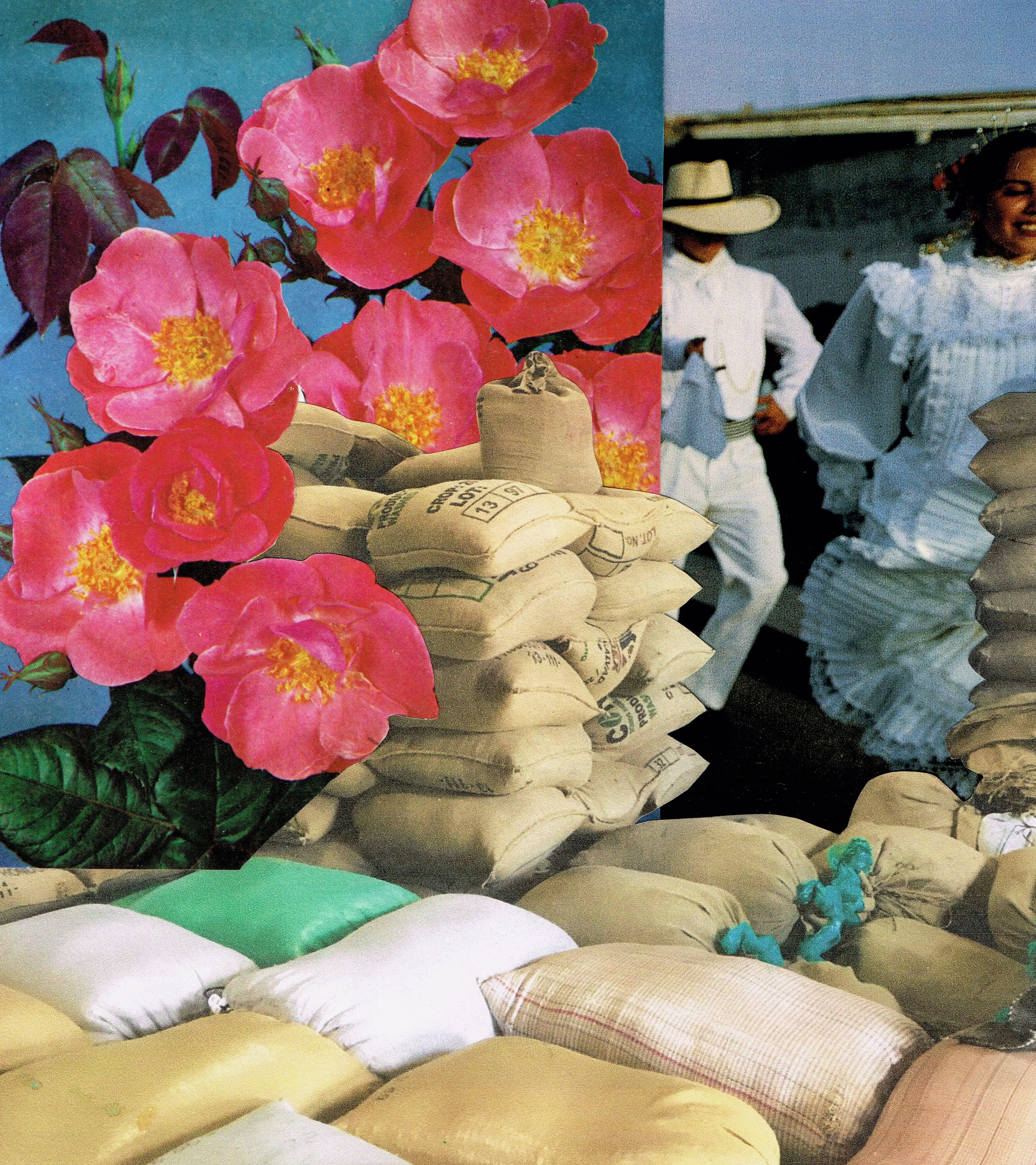 A graphic of coffee bean bags and flowers