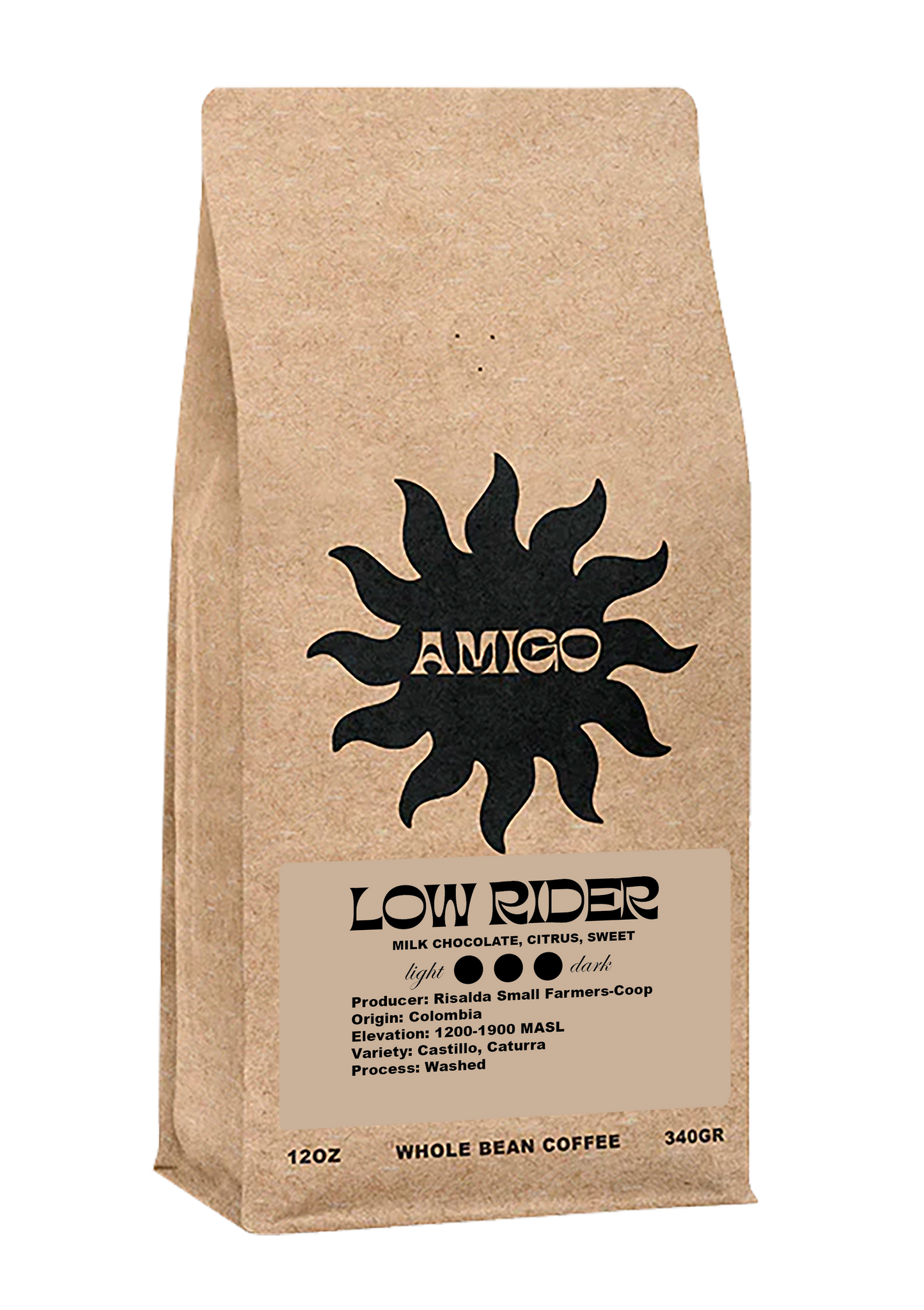 A bag of Low Rider coffee beans