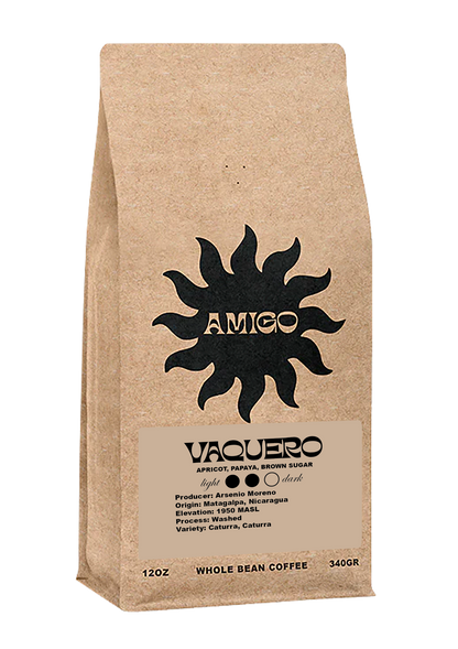 A bag of Vaquero coffee beans